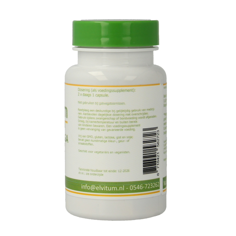 Elvitum Curcuma longa turmeric capsules in a bottle, herbal supplement for wellness, with a white label and capsule details visible.