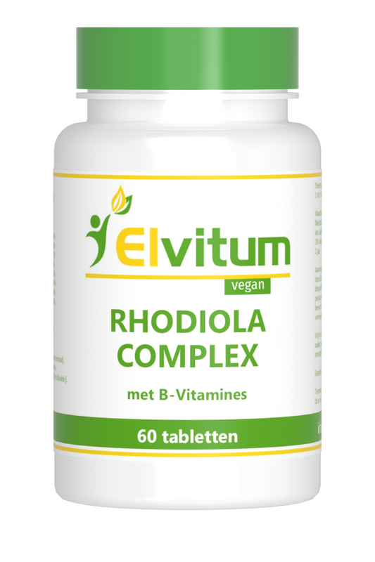 Elvitum Rhodiola complex herbal tablets in a bottle, dietary supplement for energy and stress support.