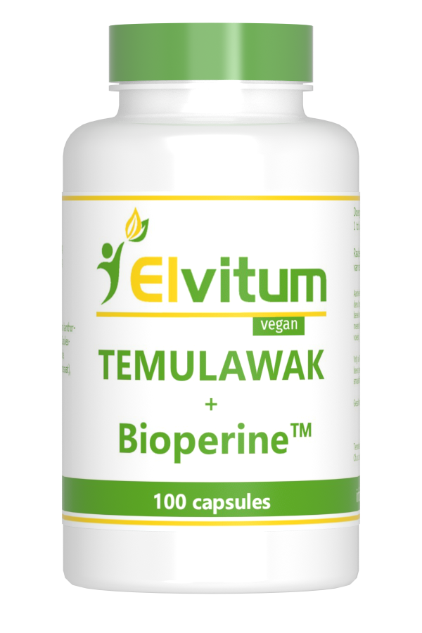 Elvitum Temulawak capsules in a bottle, herbal supplement from Elvitum, part of kruidenpreparaten product line.