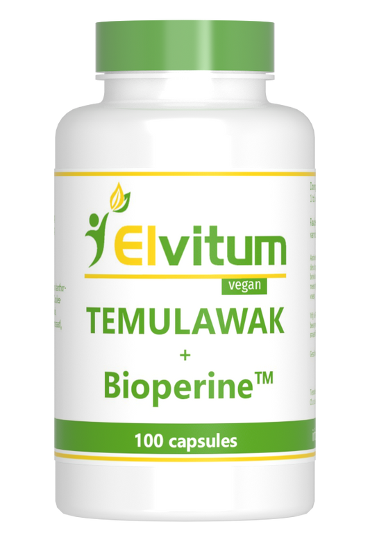 Elvitum Temulawak capsules in a bottle, herbal supplement from Elvitum, part of kruidenpreparaten product line.