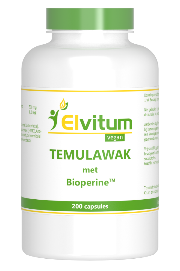 Elvitum Temulawak capsules in a white bottle, herbal supplement for wellness, with label showing product details.