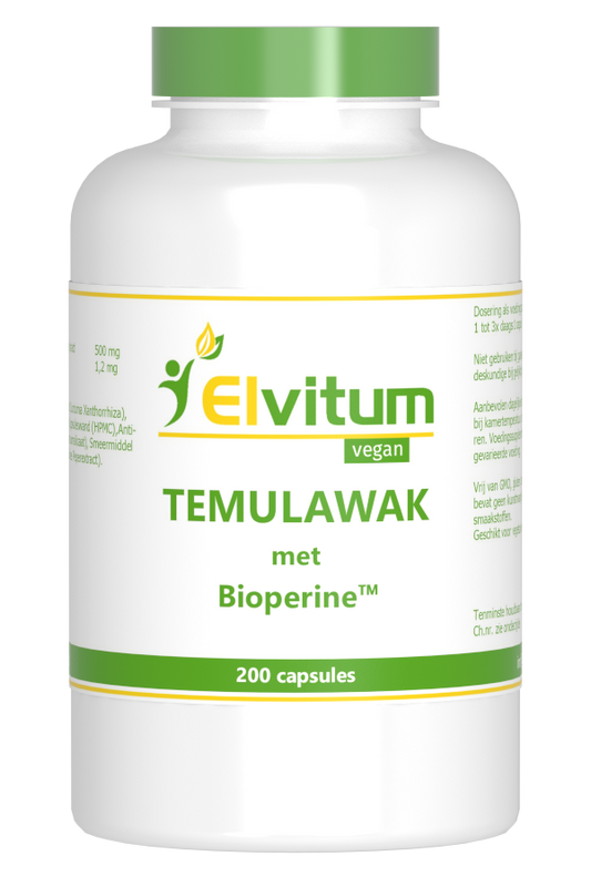 Elvitum Temulawak capsules in a white bottle, herbal supplement for wellness, with label showing product details.