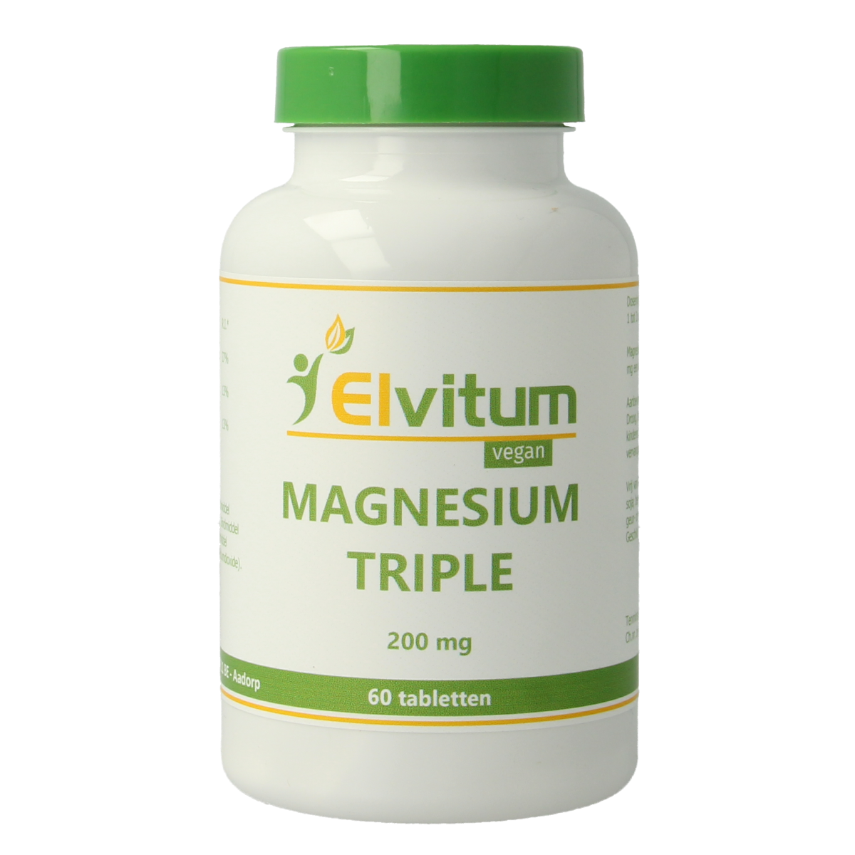 Elvitum Magnesium Triple 200mg mineral supplement tablets, 60 count, showing the bottle and tablets for health support.