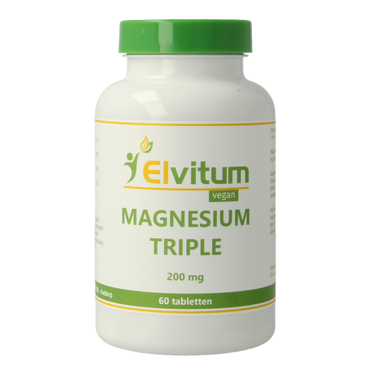 Elvitum Magnesium Triple 200mg mineral supplement tablets, 60 count, showing the bottle and tablets for health support.