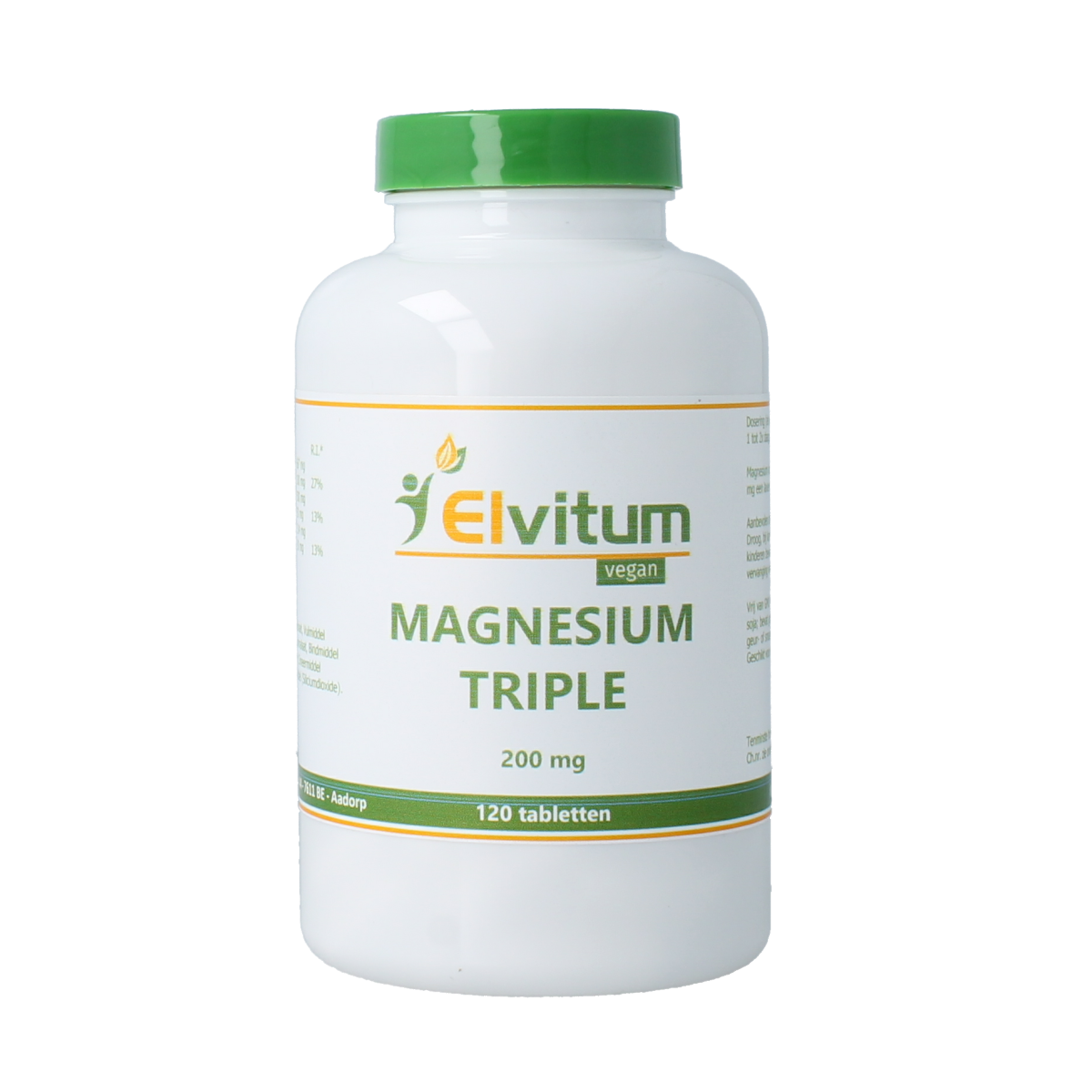 Elvitum Magnesium Triple 200mg mineral supplement tablets, 120-count, showing white tablets in blister packaging.