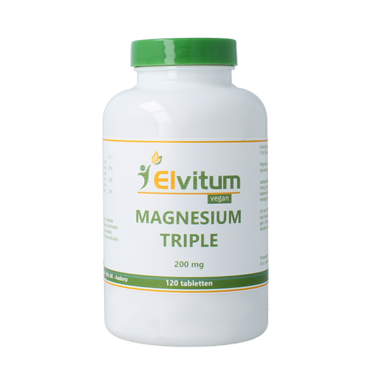 Elvitum Magnesium Triple 200mg mineral supplement tablets, 120-count, showing white tablets in blister packaging.