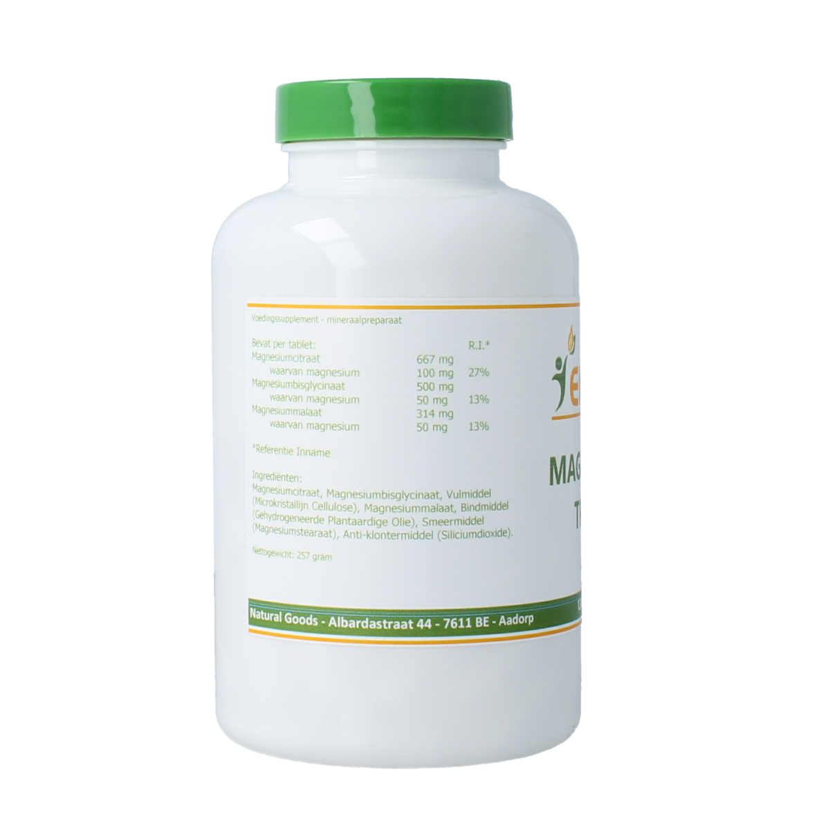 Elvitum Magnesium Triple 200mg tablets in a bottle, dietary supplement for mineral support, close-up of the product label.