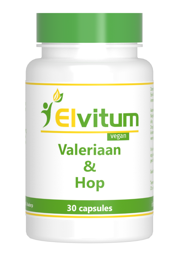 Elvitum Valeriaan en hop extract capsules in a bottle, herbal supplement for relaxation and sleep support.