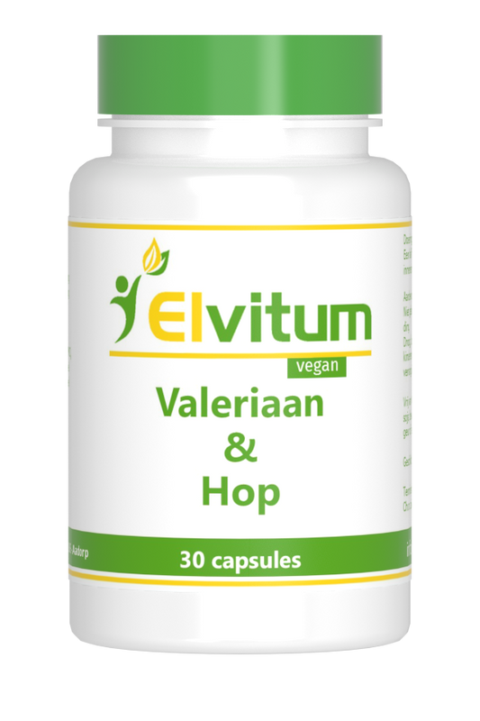 Elvitum Valeriaan en hop extract capsules in a bottle, herbal supplement for relaxation and sleep support.