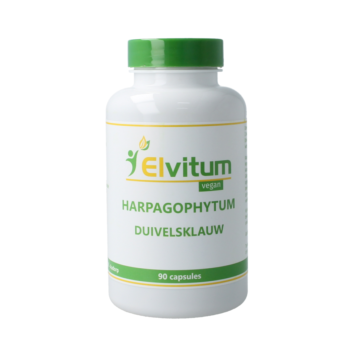Elvitum Duivelsklauw harpago extract capsules, dietary supplement with herbal extract in a bottle, showing the capsules and label.