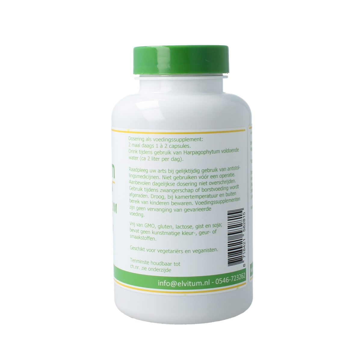 Elvitum Duivelsklauw harpago extract capsules, dietary supplement with herbal extract in a bottle, close-up of the supplement container