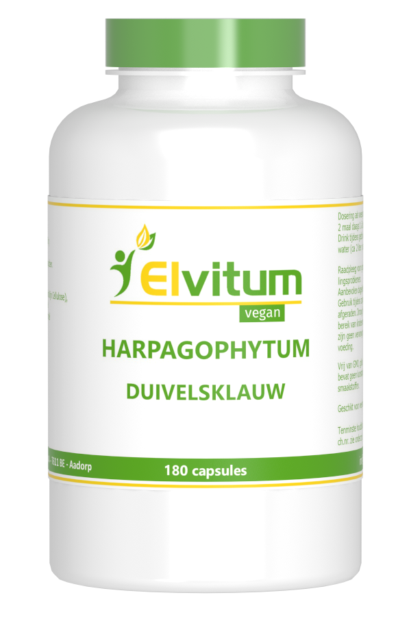 Elvitum Duivelsklauw harpago extract capsules, herbal supplement in a white bottle with a label, close-up view of the product.