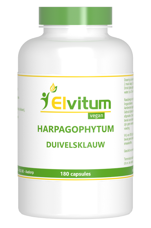 Elvitum Duivelsklauw harpago extract capsules, herbal supplement in a white bottle with a label, close-up view of the product.