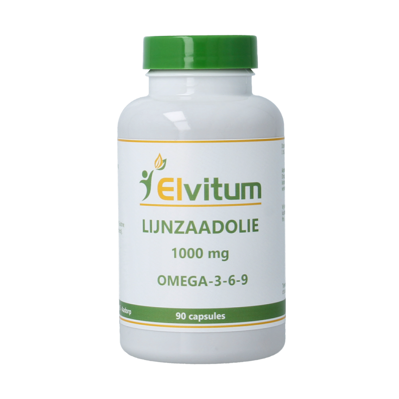 Elvitum Lijnzaadolie omega 3-6-9 capsules, dietary fatty acids supplement with 90 capsules, shown in a close-up image.