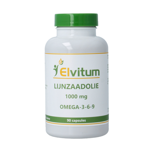 Elvitum Lijnzaadolie omega 3-6-9 capsules, dietary fatty acids supplement with 90 capsules, shown in a close-up image.