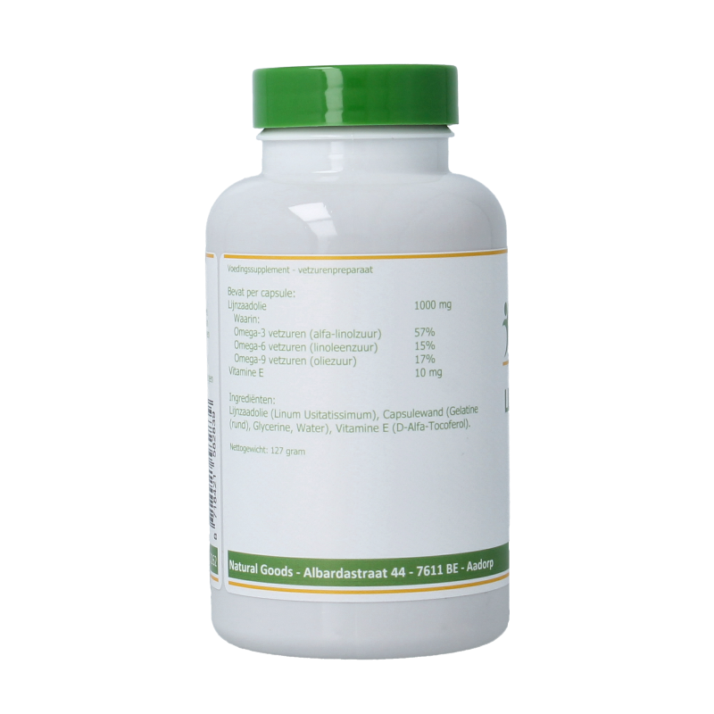 Elvitum Lijnzaadolie omega 3-6-9 capsules, dietary supplement for healthy fats, shown in a bottle with capsules.