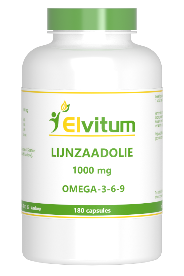 Elvitum Lijnzaadolie omega 3 6 9 capsules, dietary supplement for healthy fats, in a bottle with capsules visible inside.