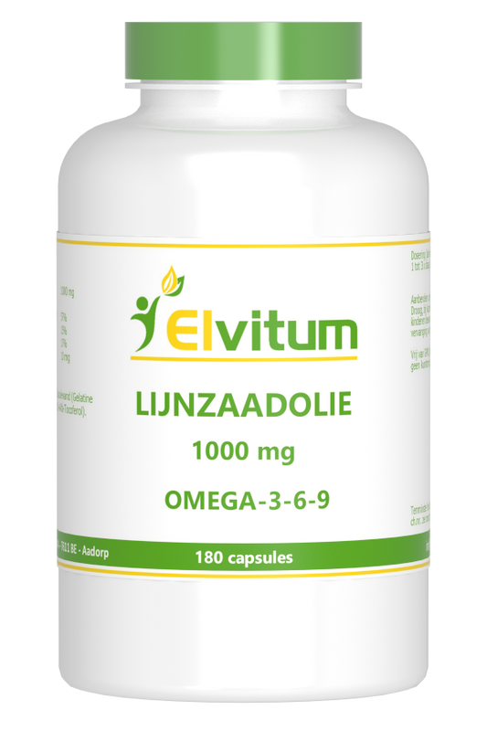 Elvitum Lijnzaadolie omega 3 6 9 capsules, dietary supplement for healthy fats, in a bottle with capsules visible inside.