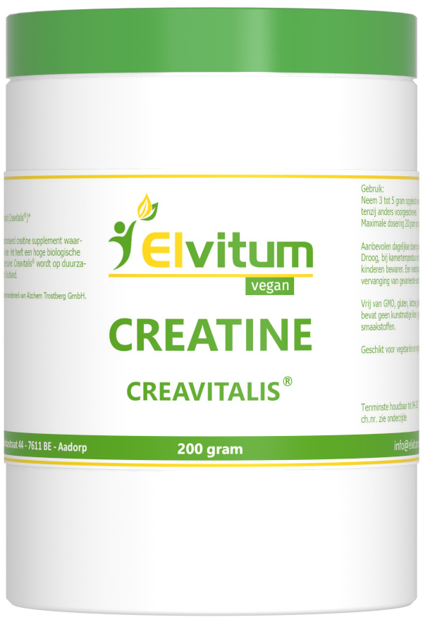 Elvitum Creatine Monohydrate Creavitalis supplement container, 200 grams, showing the product label and packaging.