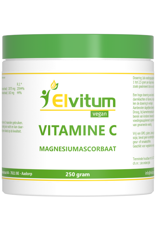 Elvitum Vitamin C powder in a 250g container, magnesium sorbate included, shown in a close-up of the packaging.