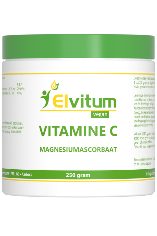 Elvitum Vitamin C powder in a 250g container, magnesium sorbate included, shown in a close-up of the packaging.