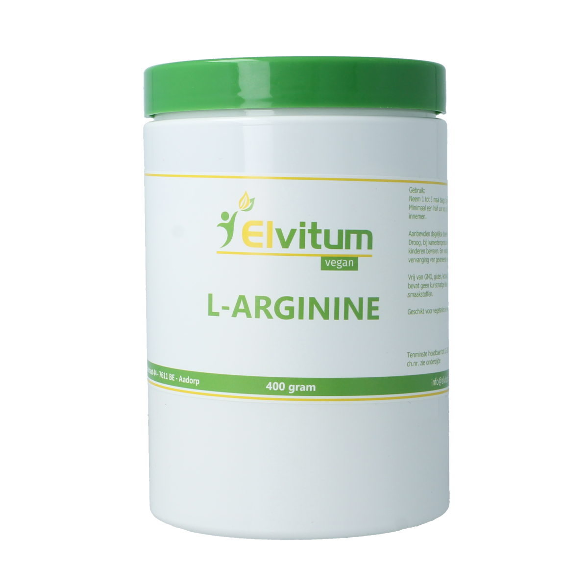 Elvitum L-Arginine amino acid supplement in 400g container, showing the product packaging with brand name and label.