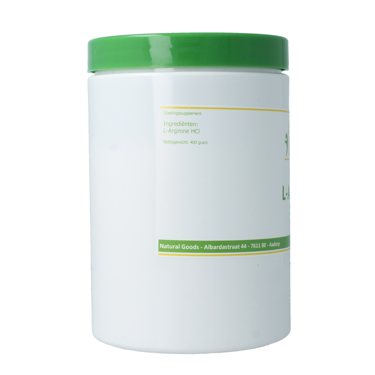 Elvitum L-Arginine amino acid supplement in a 400g container, showing the product label and packaging.