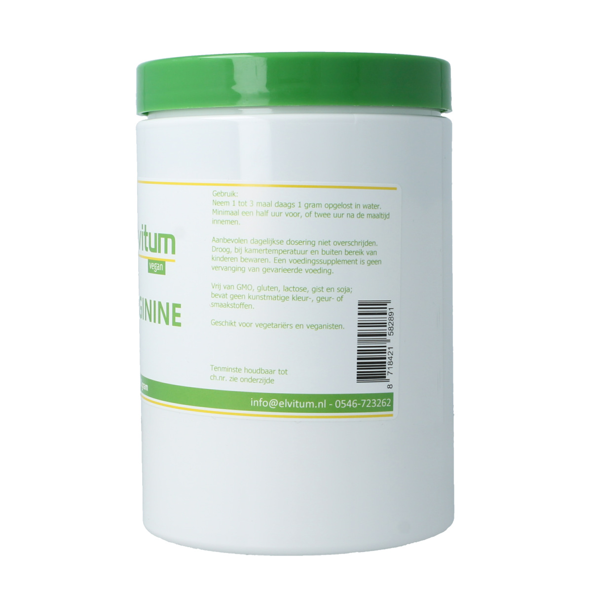 Elvitum L-Arginine amino acid supplement in a 400g container, featuring a clear label with product details and branding.
