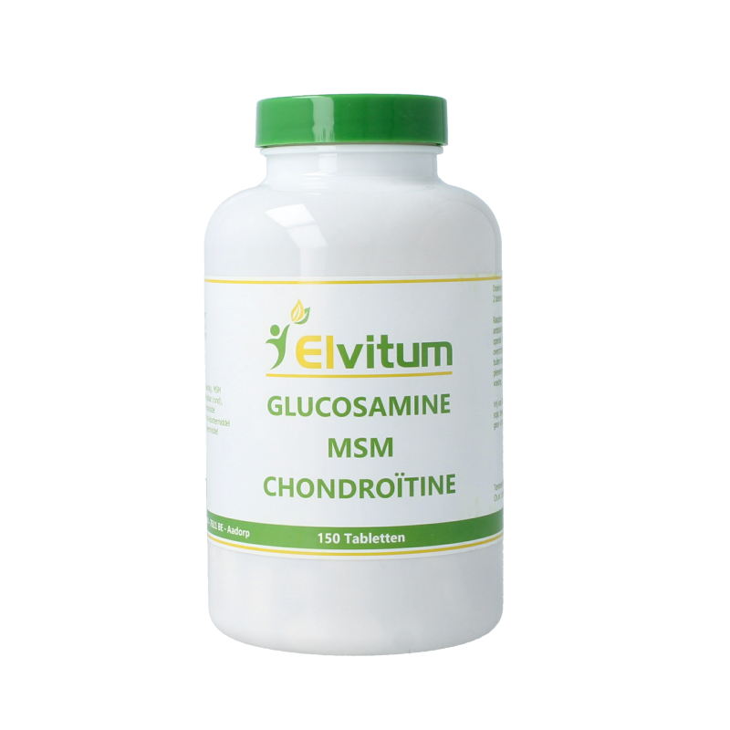 Elvitum Glucosamine MSM chondroitine mineral supplement tablets, 150-count, with tablets and label showing product details.
