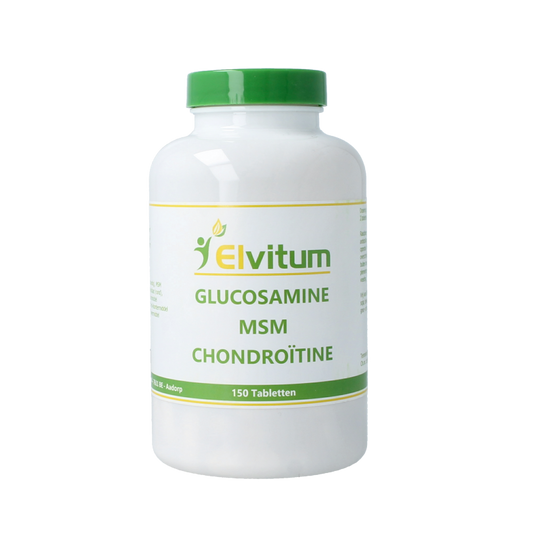 Elvitum Glucosamine MSM chondroitine mineral supplement tablets, 150-count, with tablets and label showing product details.