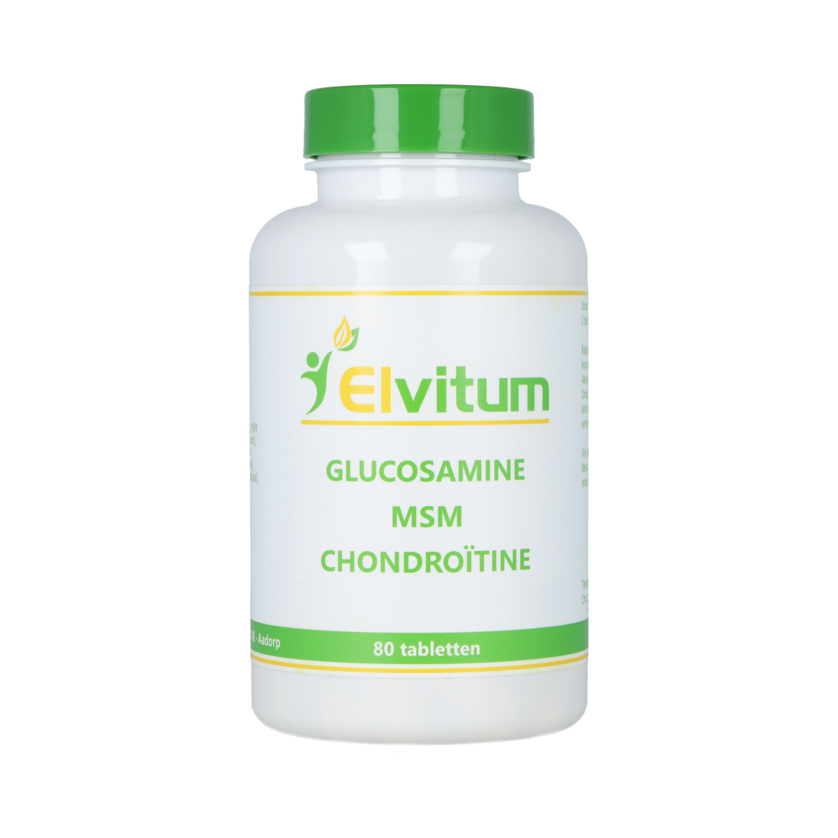 Elvitum Glucosamine MSM Chondroïtine supplement bottles with tablets in blister pack, dietary supplement for joint support.