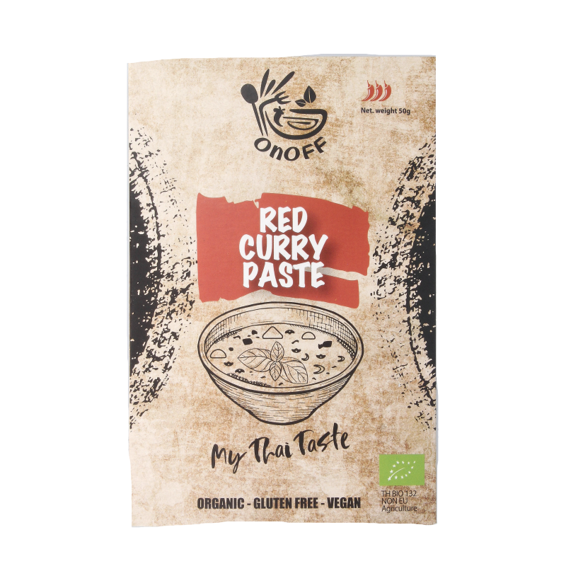 Onoff Thai red curry paste bio 50g jar, showcasing the colorful, spicy Thai curry seasoning in a glass container.