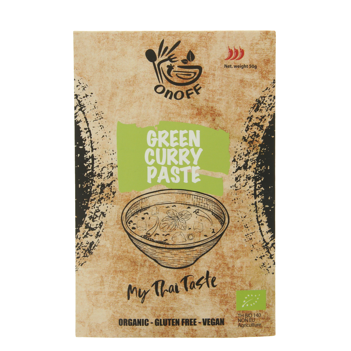 Onoff Thaise groene currypasta bio 50g jar, fresh herbs and spices for authentic Thai cooking, natural and organic ingredients