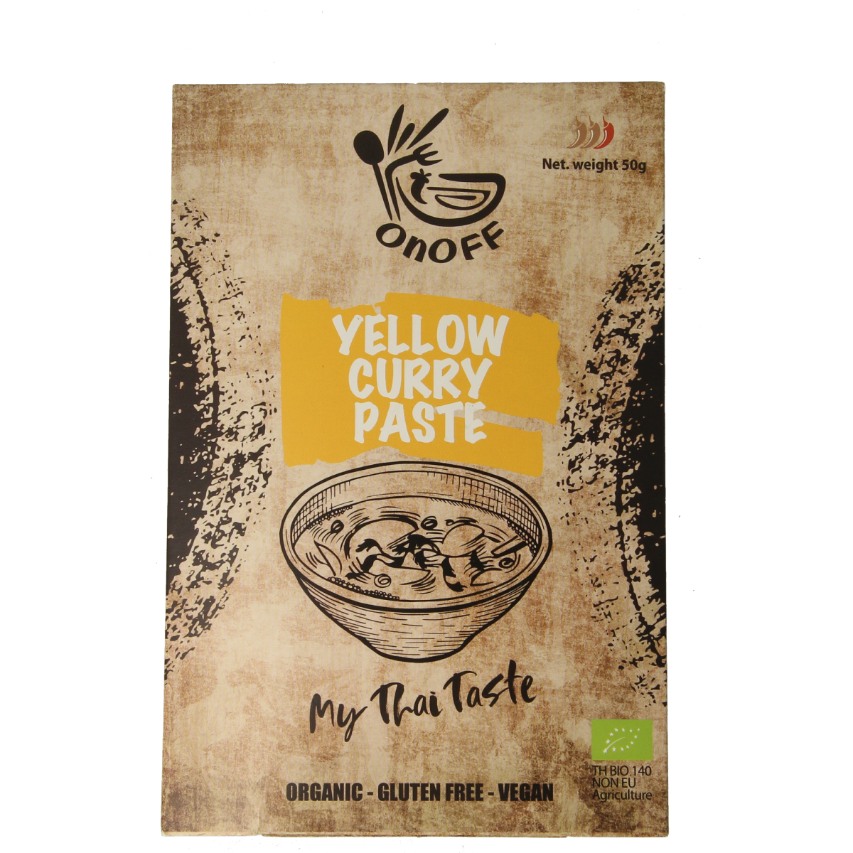 Onoff Thaise gele currypasta bio 50g, organic Thai yellow curry paste in a jar, with fresh ingredients and spice herbs visible.