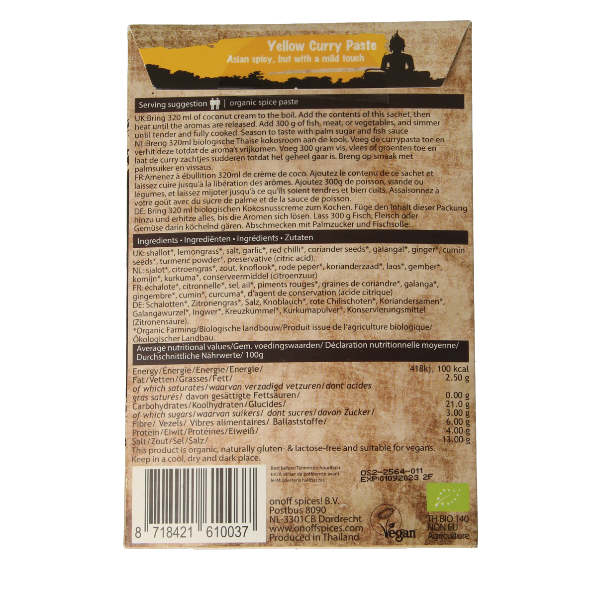 Onoff Thai yellow curry paste in 50g package, organic Thai spice blend for authentic cooking, shown in the image.
