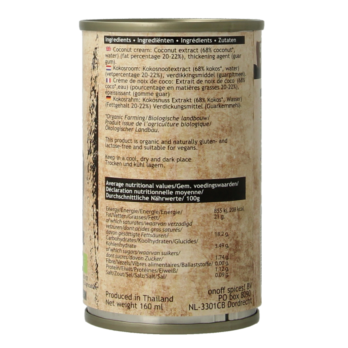Onoff Kokosroom bio 160ml bottle showing creamy coconut sauce in a clear container, labeled with brand and product details.