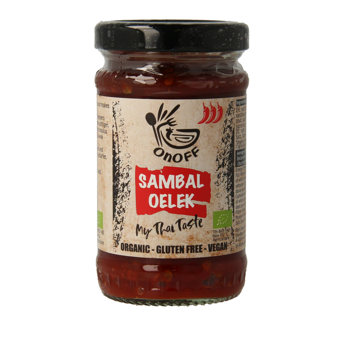 Onoff Sambal Oelek bio 110g jar with red chili paste for sauces and flavoring in a clear glass container.