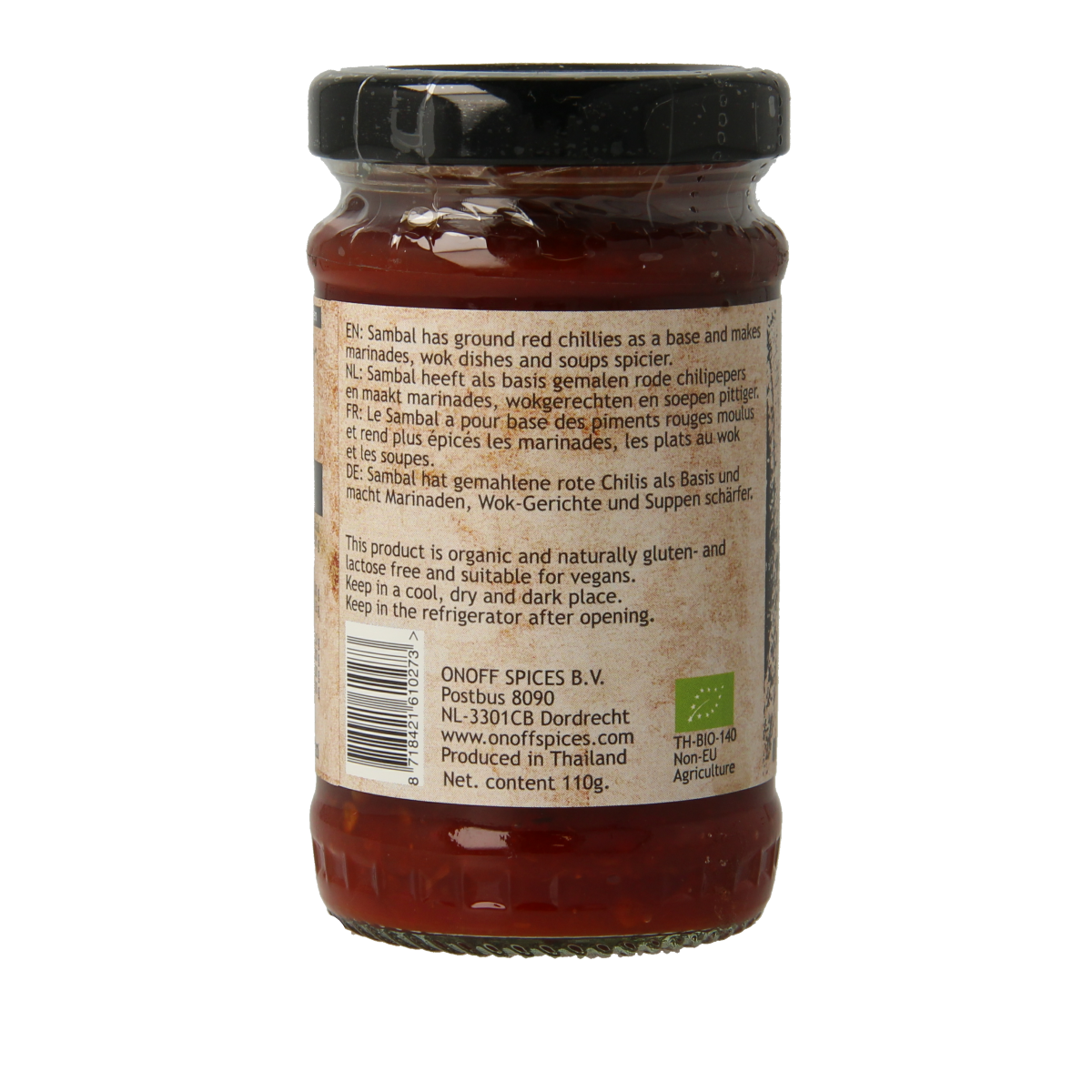 Onoff Sambal Oelek bio sauce in 110g jar, showing fresh red chili peppers and a spoonful of spicy chili paste