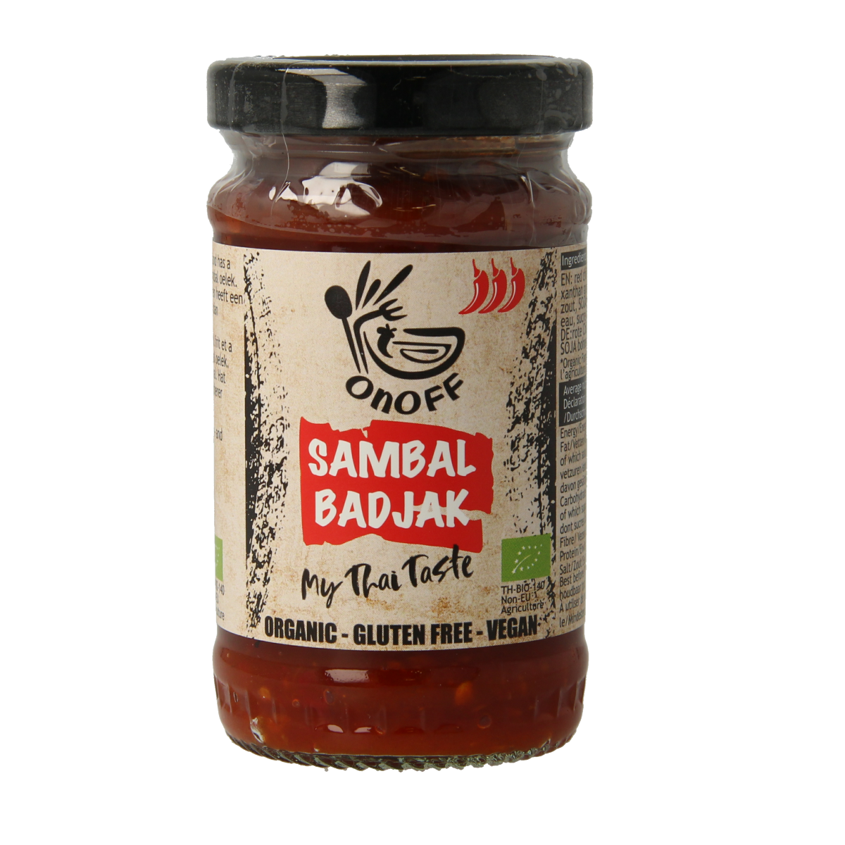 Onoff Sambal Badjak bio jar, 110g, flavorful Indonesian-style chili sauce in a glass jar with vibrant label.