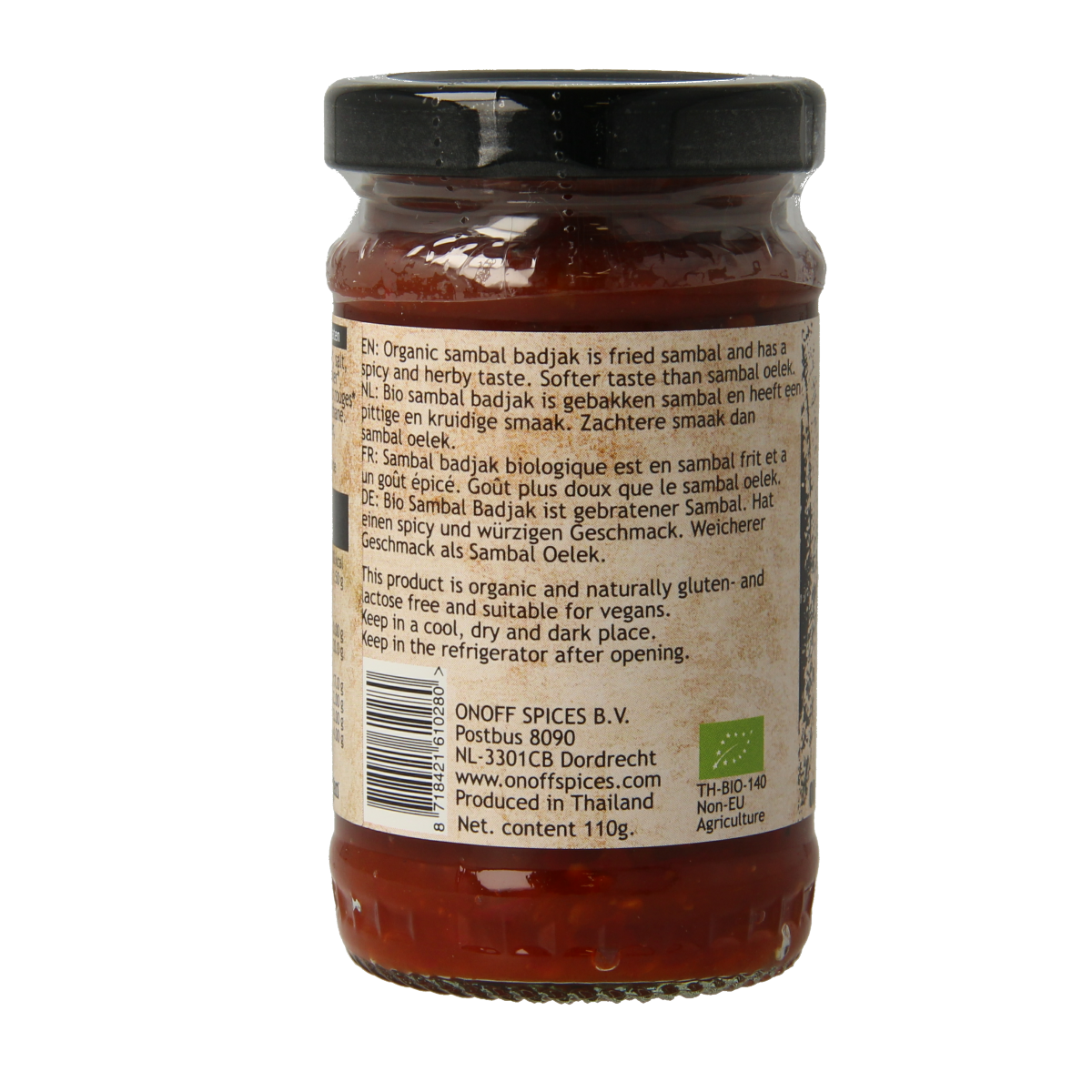 Onoff Sambal Badjak bio jar showing spicy Indonesian chili sauce with red pepper and garlic in a glass jar.