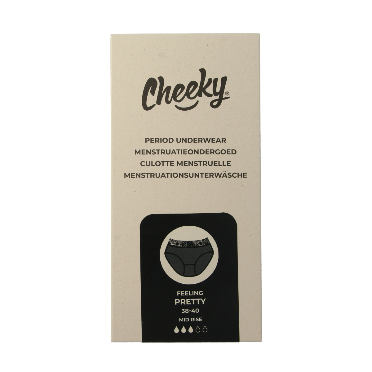 Cheeky Wipes menstruatie ondergoed Feeling Pretty, size 38-40, in natural fabric with feminine design, laid flat.