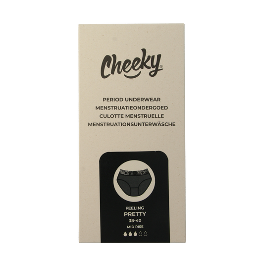 Cheeky Wipes menstruatie ondergoed Feeling Pretty, size 38-40, in natural fabric with feminine design, laid flat.