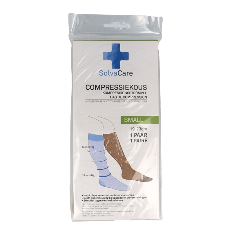 Solvacare beige compression bandages in size S for 19-23 cm, shown in pair, designed for leg support and circulation.