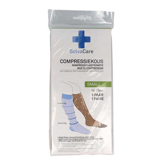 Solvacare beige compression bandages in size S for 19-23 cm, shown in pair, designed for leg support and circulation.