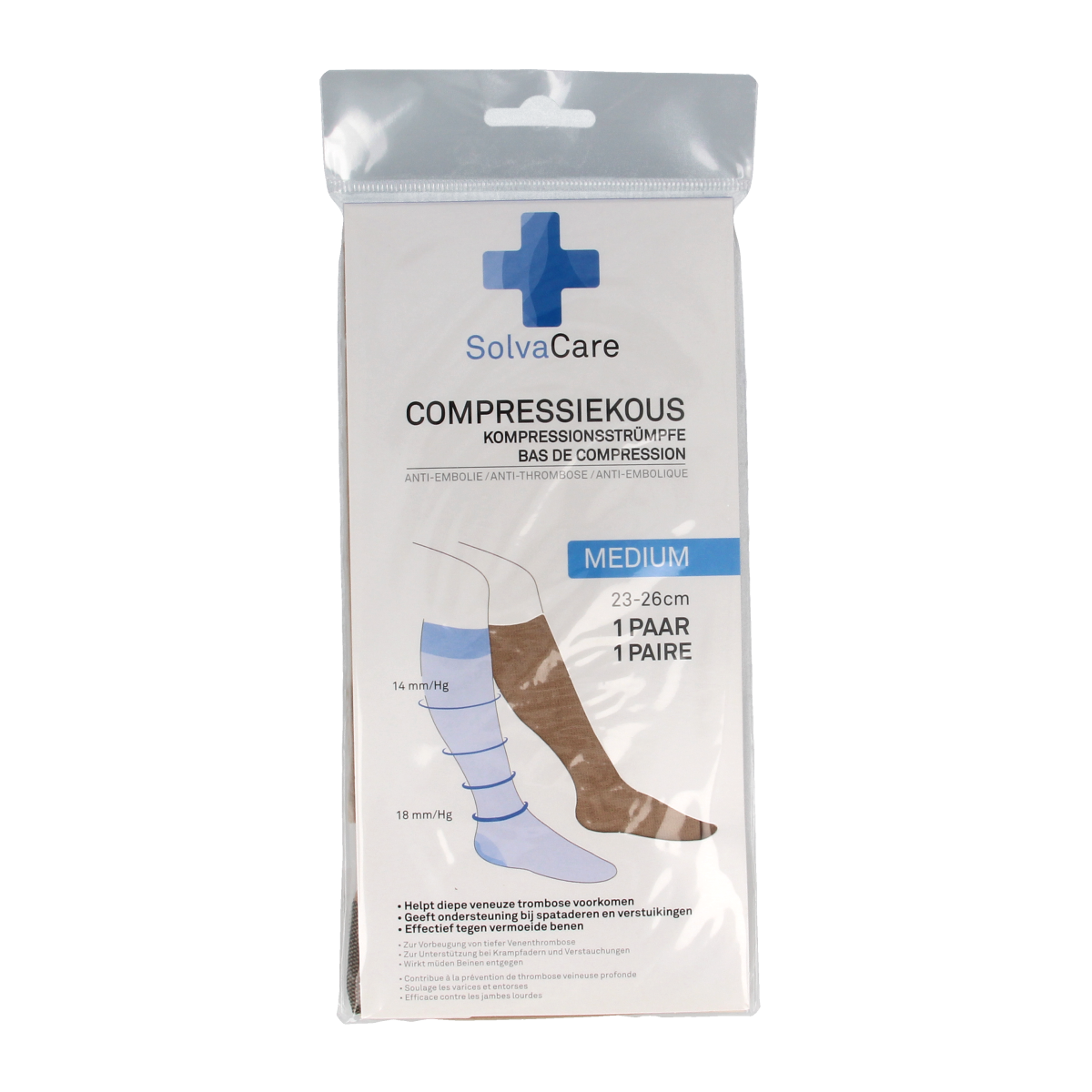 Solvacare beige compression stockings for women, size M (23-26 cm), shown lying flat, designed for leg support and circulation.