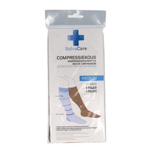 Solvacare beige compression stockings for women, size M (23-26 cm), shown lying flat, designed for leg support and circulation.