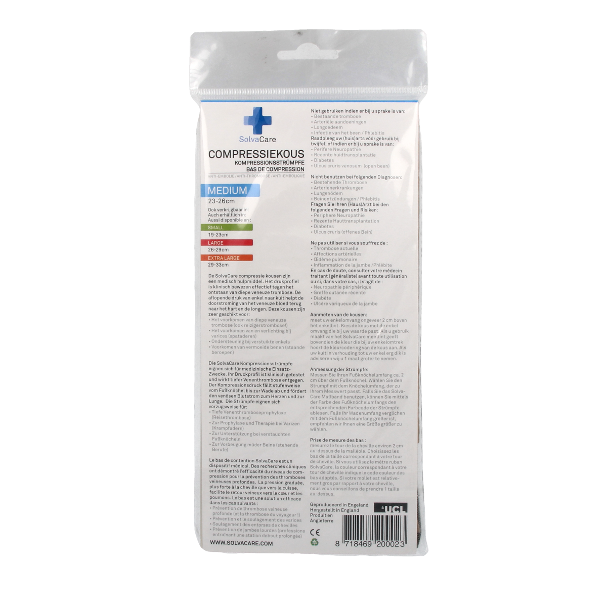 Solvacare beige compression stockings for men, size M (23-26 cm), shown lying flat on a white background.