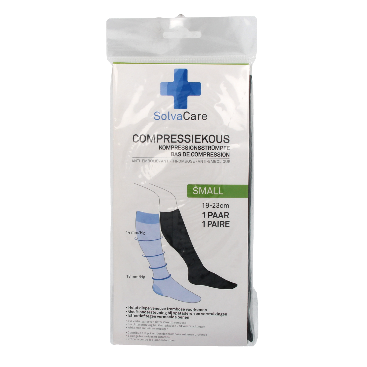 Solvacare compression stockings in black, size S (19-23 cm), pair, designed for leg support and compression therapy.