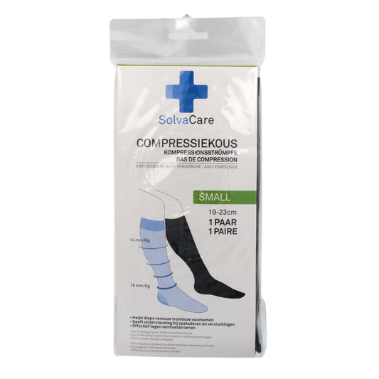 Solvacare compression stockings in black, size S (19-23 cm), pair, designed for leg support and compression therapy.