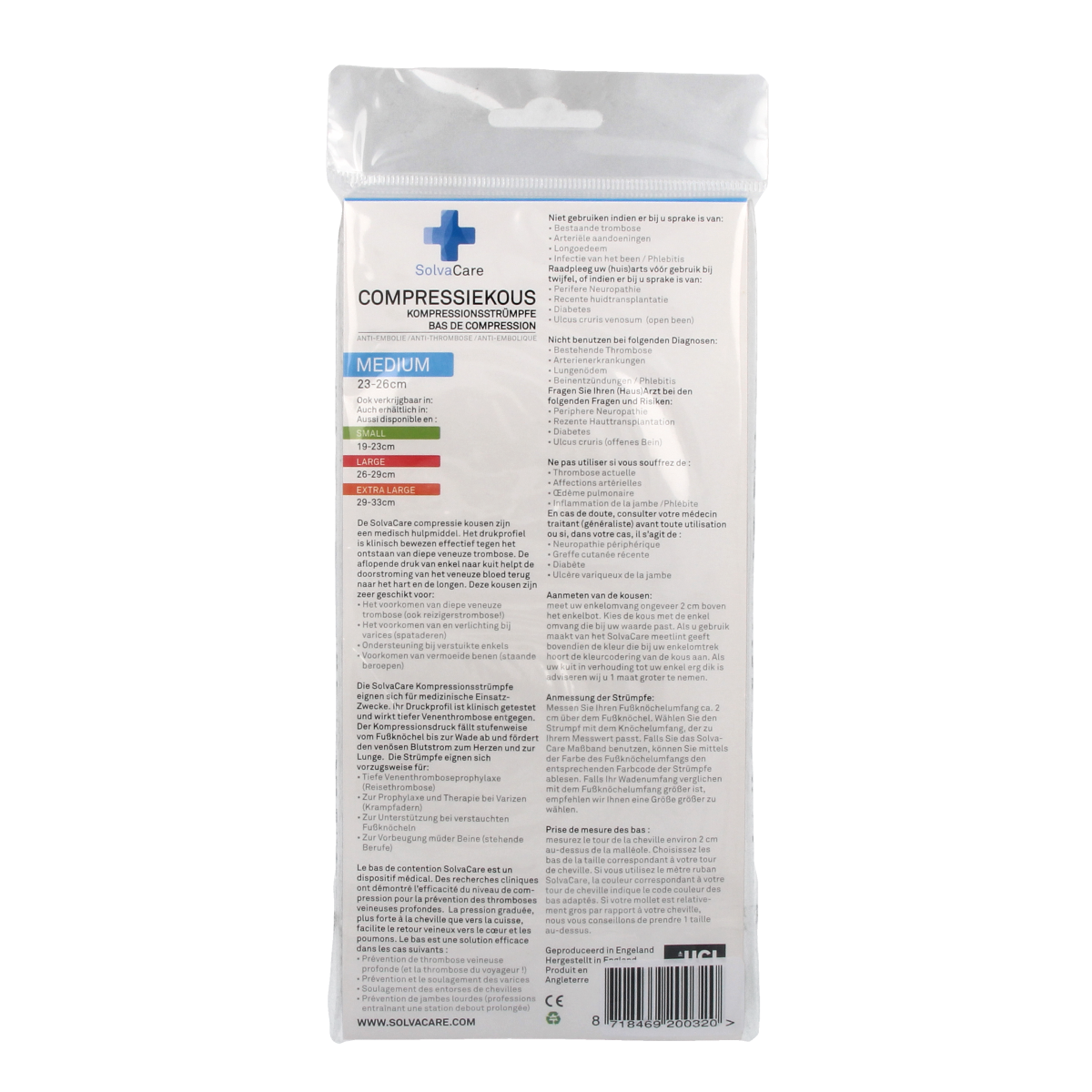 Solvacare black compression stockings for size M, 23-26 cm, shown in the image, designed for leg support and compression therapy.